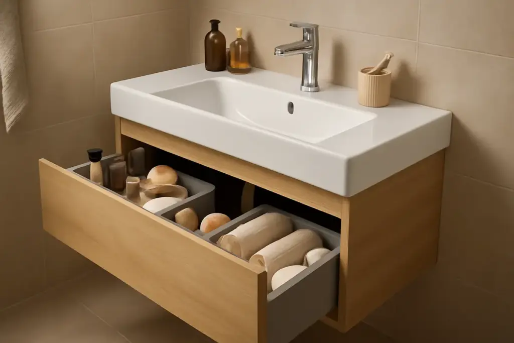 Parete attrezzata sotto lavabo bagno: il trucco degli interior designer per recuperare spazio nascosto